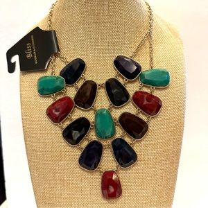 NWT “Bliss” Bib Statement Necklace- gold w/ navy blue, green & cranberry acrylic